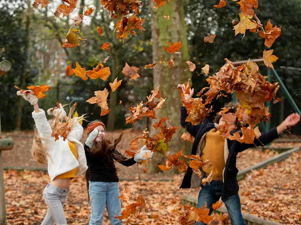 Children collecting colorful autumn leaves and exploring seasonal changes in an Ontario nature program