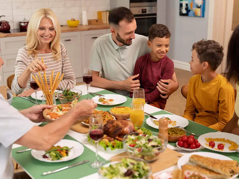 Family meals with engaging conversation about everyone's day