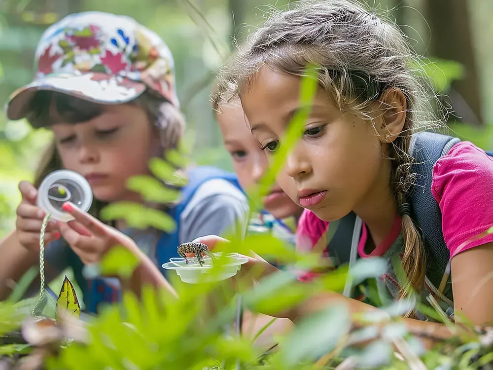 Children engaged in unstructured outdoor exploration, discovering nature through child-led play